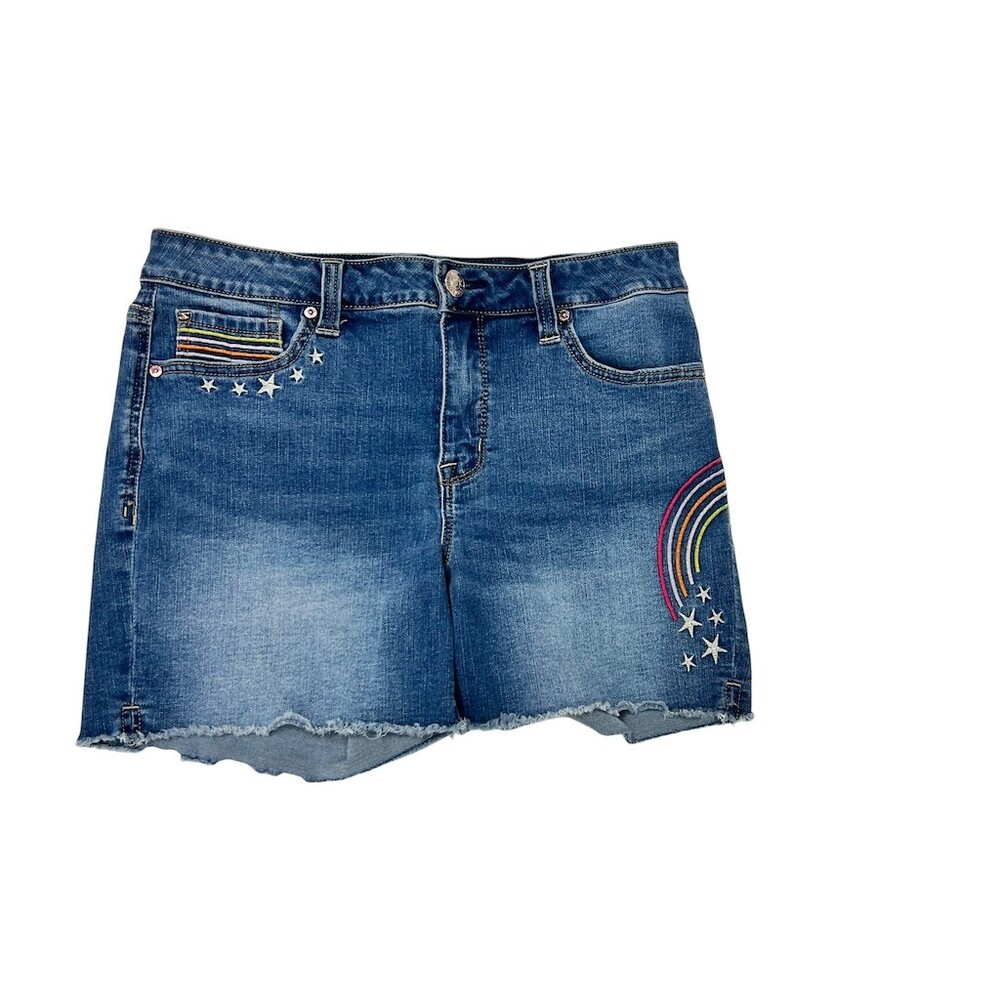 Seven7 Women’s Jean Shorts Size 10 Medium Wash Rainbow Star Frayed Hem